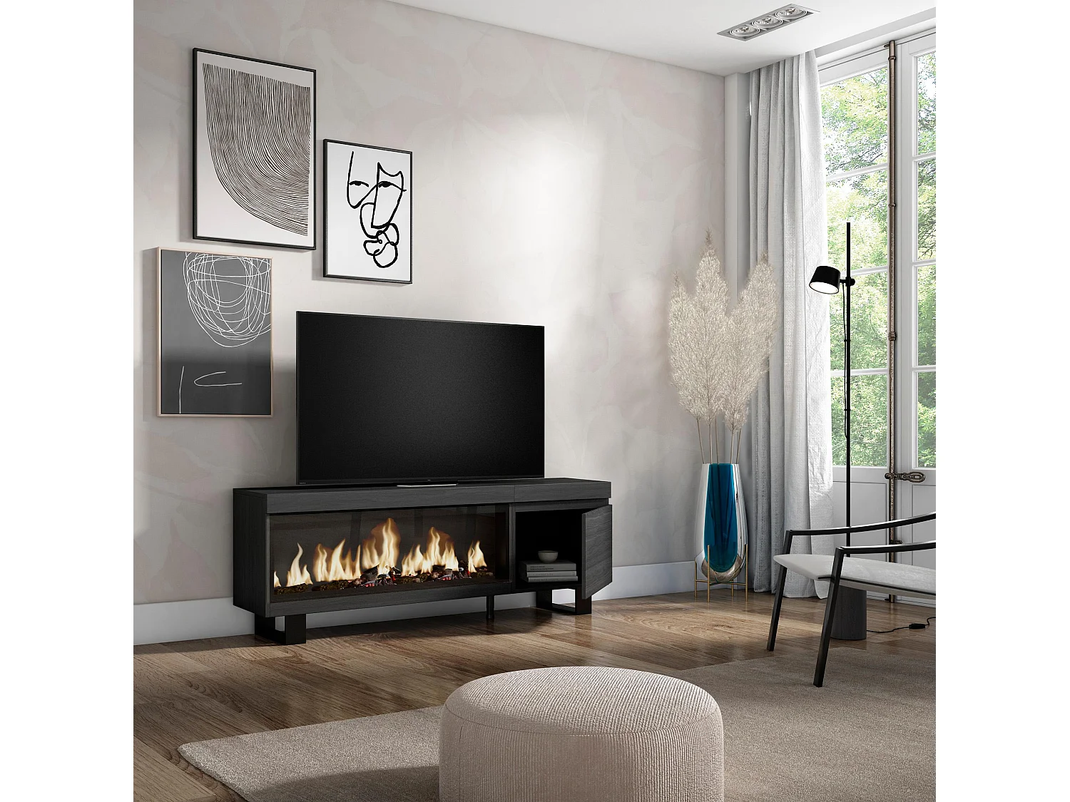 Meuble TV, Banc Télé, 158x35x57cm, Pour les TV jusqu'à 65", Cheminée électrique XXL, Design industriel, Noir