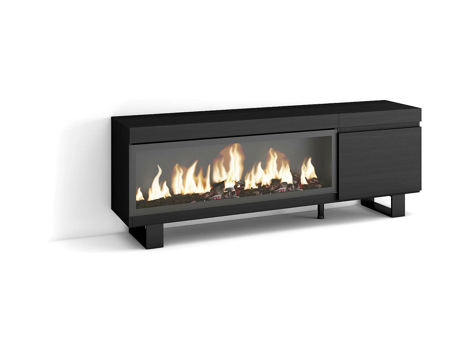 TV-Meubel, Lowboard, 158x35x57cm, Voor tv's tot 65", Elektrische haard XXL, Industrieel design, Zwart