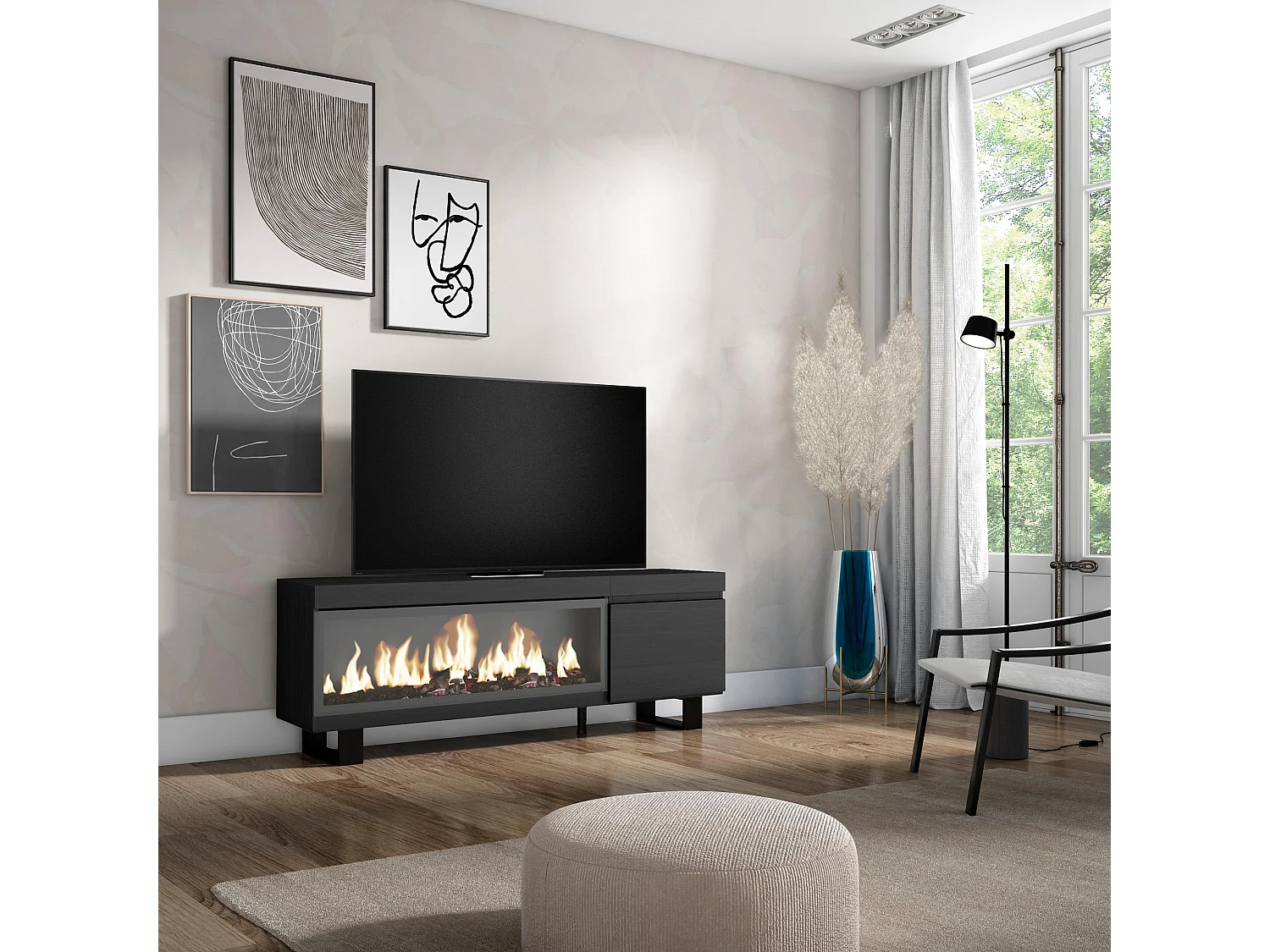 Meuble TV, Banc Télé, 158x35x57cm, Pour les TV jusqu'à 65", Cheminée électrique XXL, Design industriel, Noir