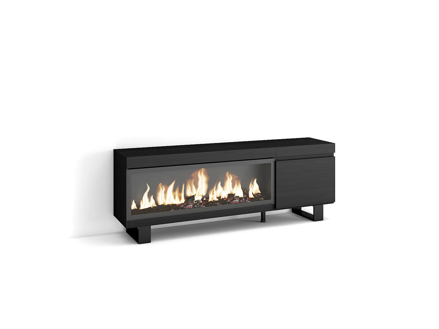 TV-Meubel, Lowboard, 158x35x57cm, Voor tv's tot 65", Elektrische haard XXL, Industrieel design, Zwart