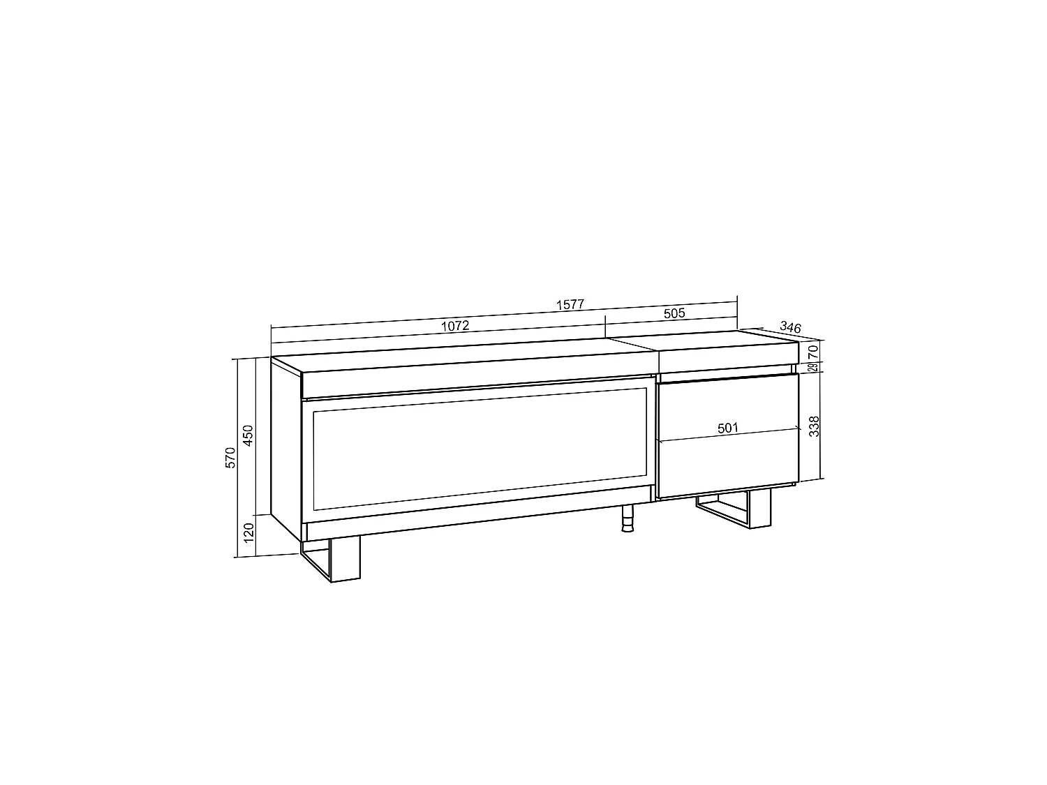 TV-Meubel, Lowboard, 158x35x57cm, Voor tv's tot 65", Elektrische haard XXL, Industrieel design, Zwart