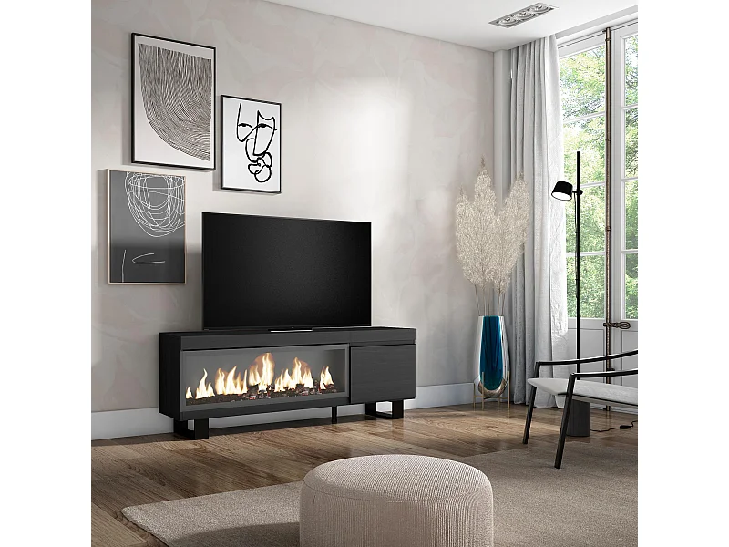 TV-Meubel, Lowboard, 158x35x57cm, Voor tv's tot 65", Elektrische haard XXL, Industrieel design, Zwart