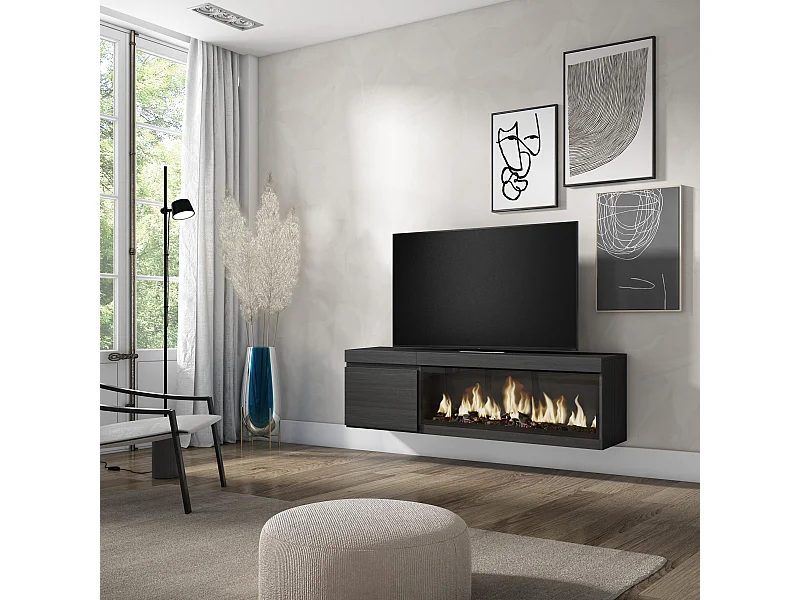 TV-Schrank, Lowboard, 158x35x45cm, Für TV-Geräte bis zu 65", Elektrokamin XXL, Hängend, Schwarz