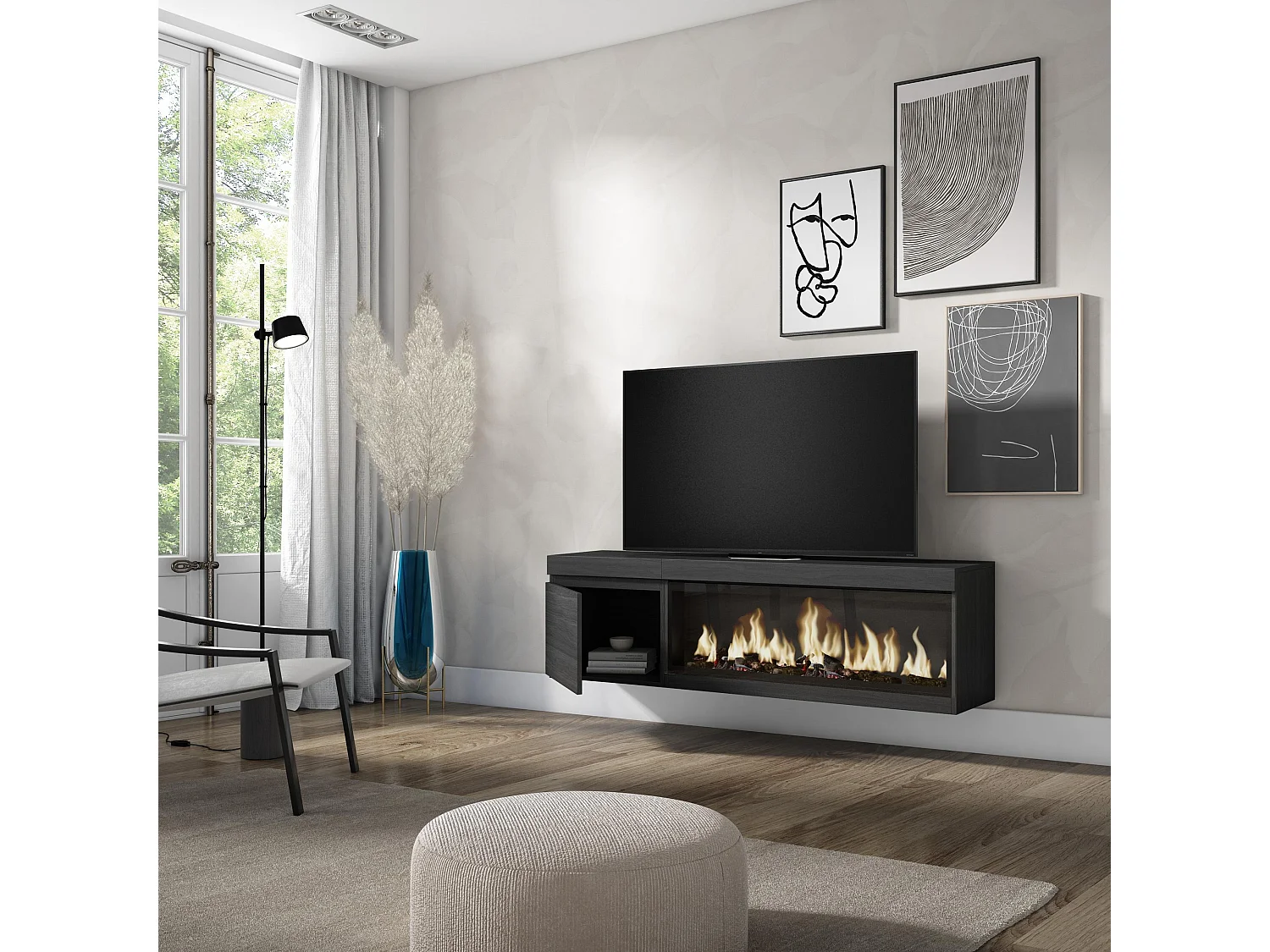 Móvel de TV, 158x35x45cm, Para televisores até 65", Lareira eléctrica XXL, Suspensos, Preto