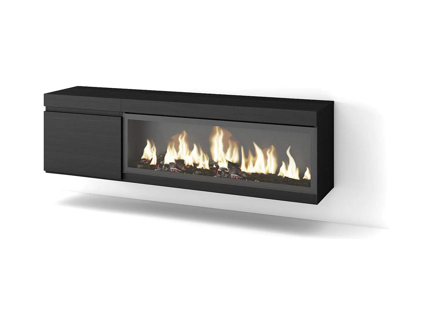 TV-Meubel, Lowboard, 158x35x45cm, Voor tv's tot 65", Elektrische haard XXL, Hangend, Zwart