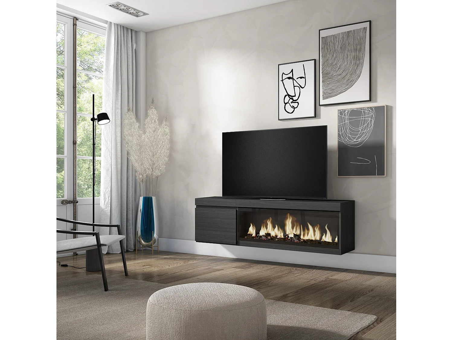 Meuble TV, Banc Télé, 158x35x45cm, Pour les TV jusqu'à 65", Cheminée électrique XXL, Suspendu, Mural, Noir