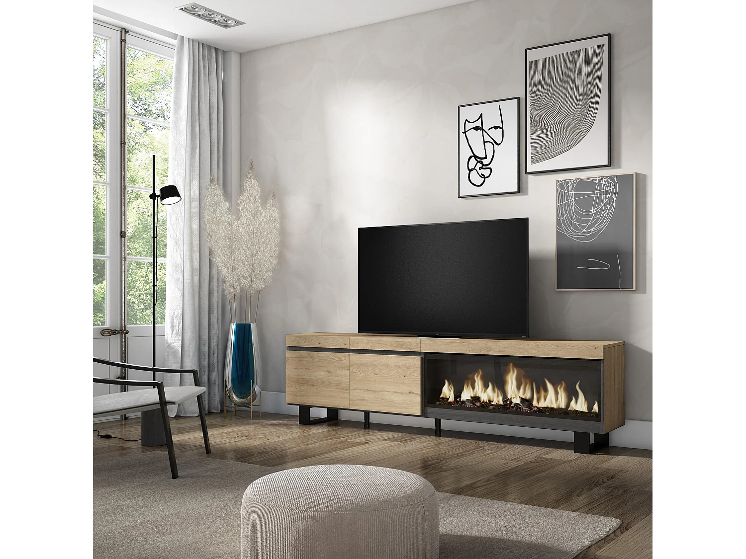Meuble TV, Banc Télé, 208x35x57cm, Pour les TV jusqu'à 80", Cheminée électrique XXL, Design industriel, Chêne