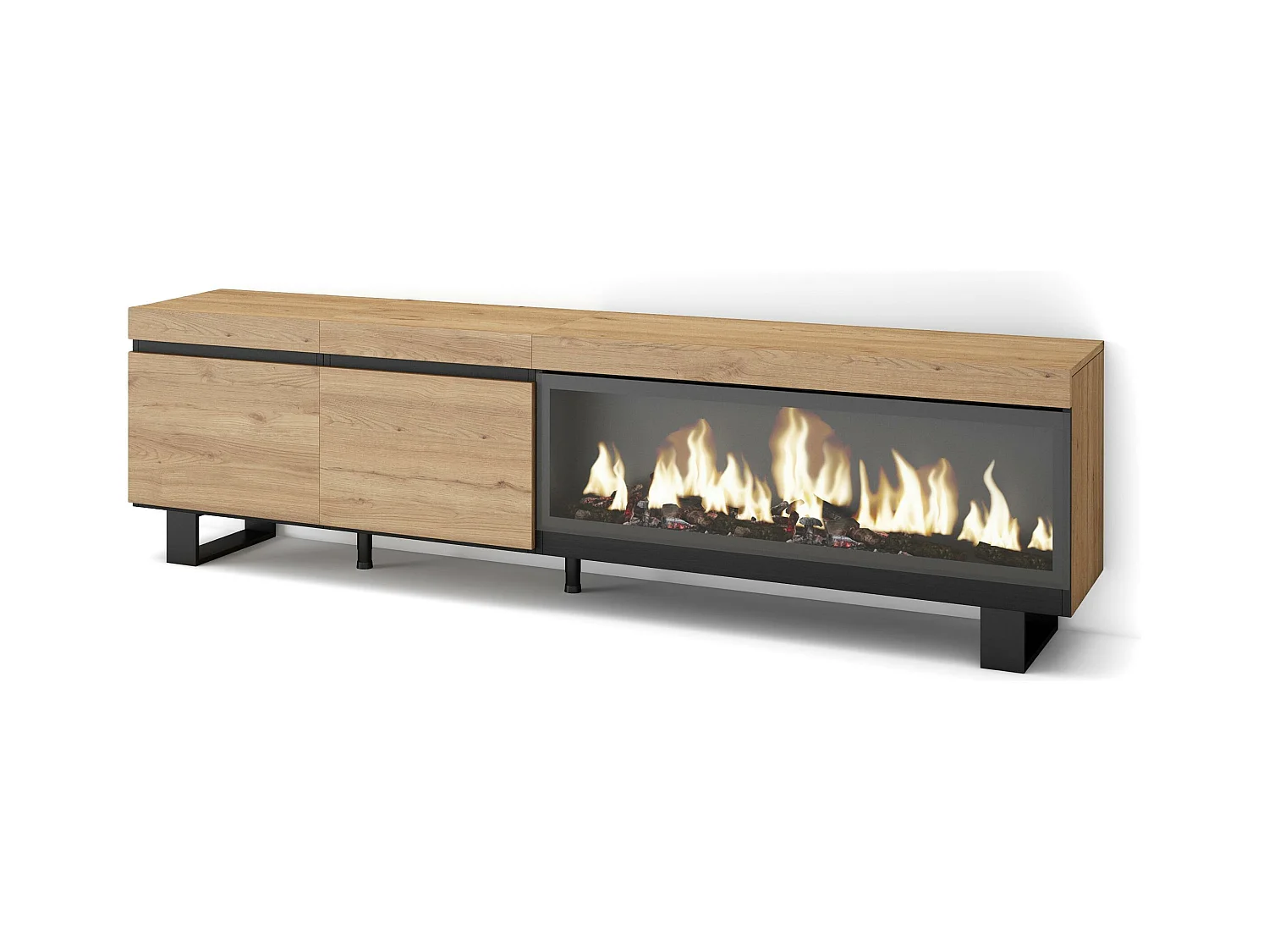 Meuble TV, Banc Télé, 208x35x57cm, Pour les TV jusqu'à 80", Cheminée électrique XXL, Design industriel, Chêne