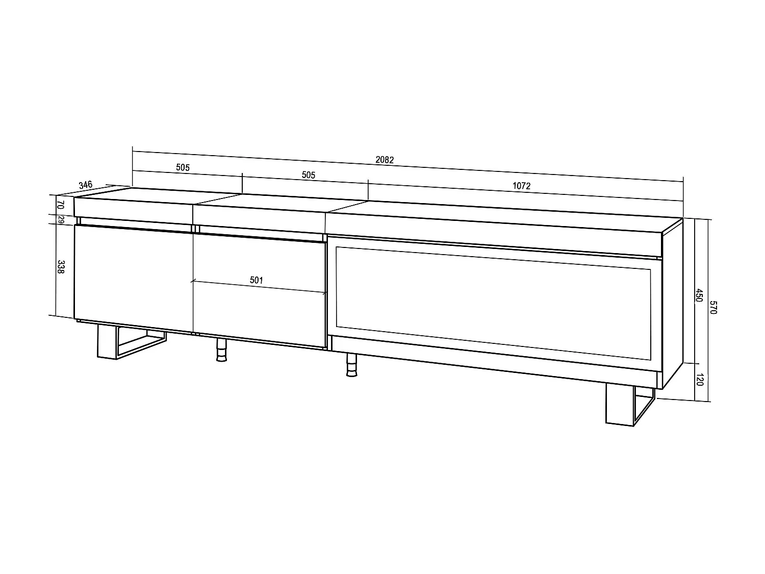 TV-Meubel, Lowboard, 208x35x57cm, Voor tv's tot 80", Elektrische haard XXL, Industrieel design, Eiken
