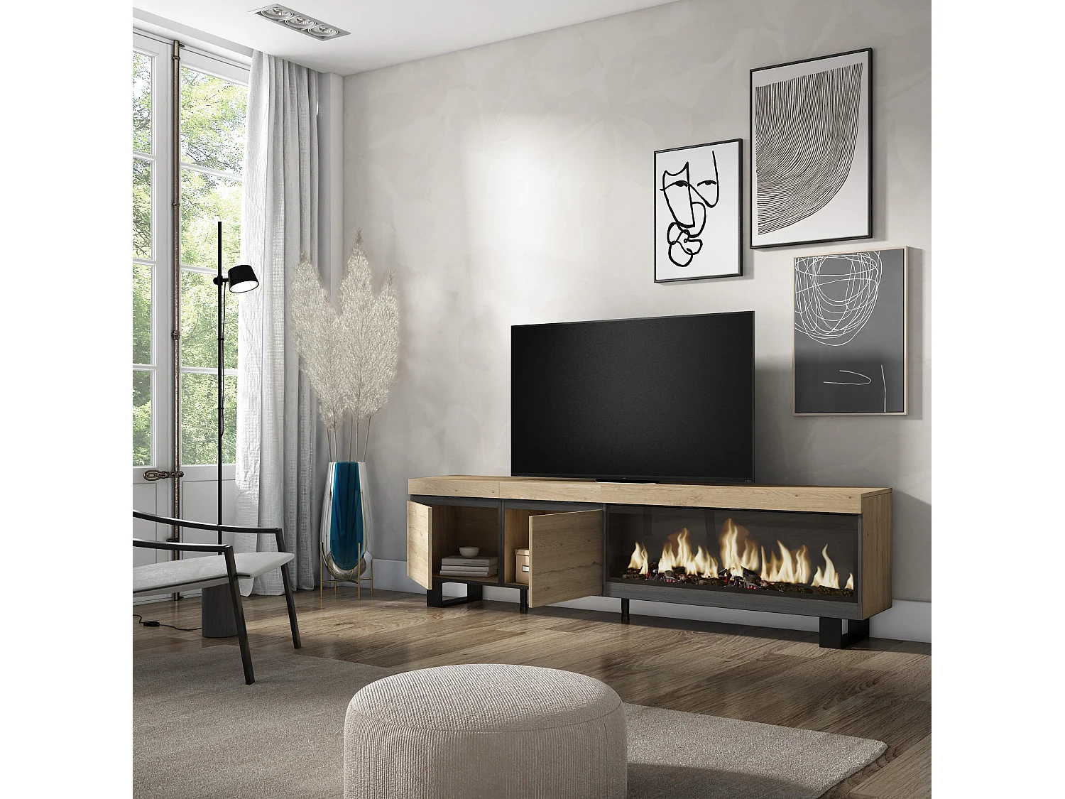 Meuble TV, Banc Télé, 208x35x57cm, Pour les TV jusqu'à 80", Cheminée électrique XXL, Design industriel, Chêne