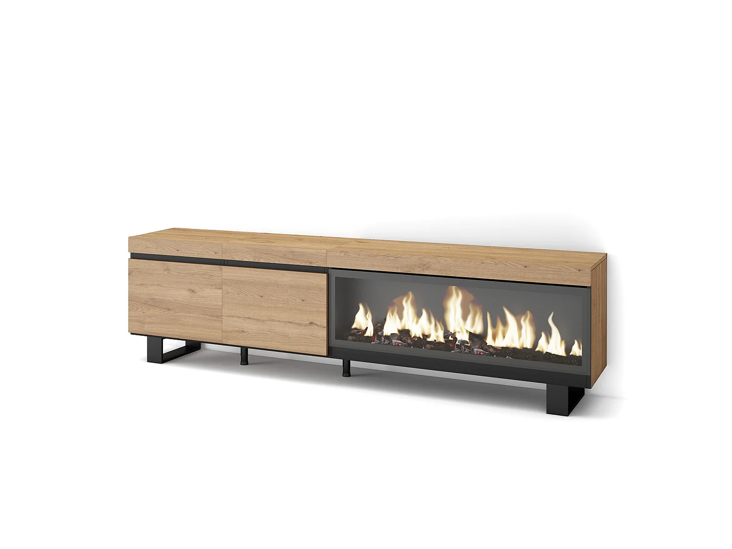 TV-Meubel, Lowboard, 208x35x57cm, Voor tv's tot 80", Elektrische haard XXL, Industrieel design, Eiken