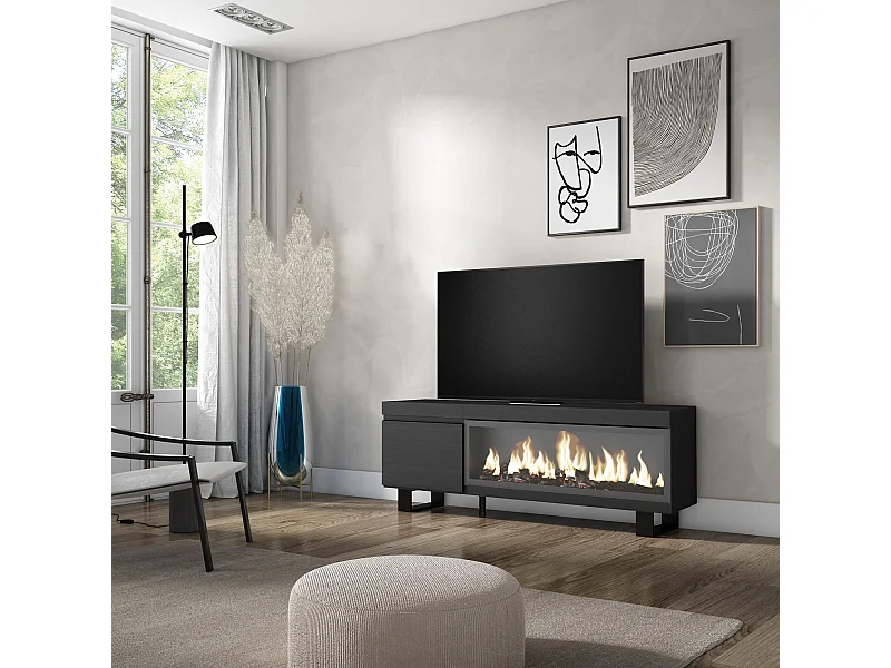 Meuble TV, Banc Télé, 158x35x57cm, Pour les TV jusqu'à 65", Cheminée électrique XXL, Design industriel, Noir