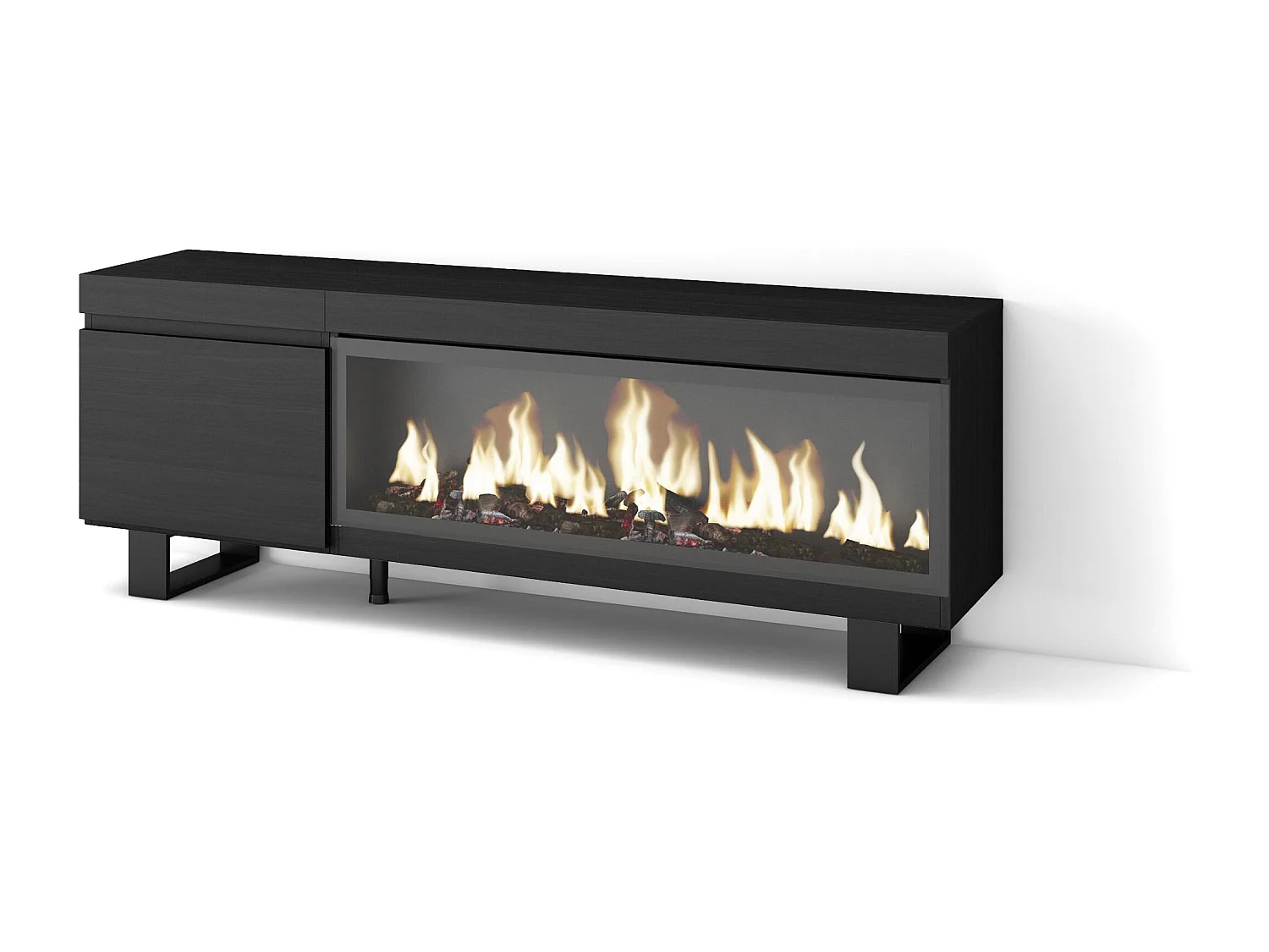 TV-Meubel, Lowboard, 158x35x57cm, Voor tv's tot 65", Elektrische haard XXL, Industrieel design, Zwart