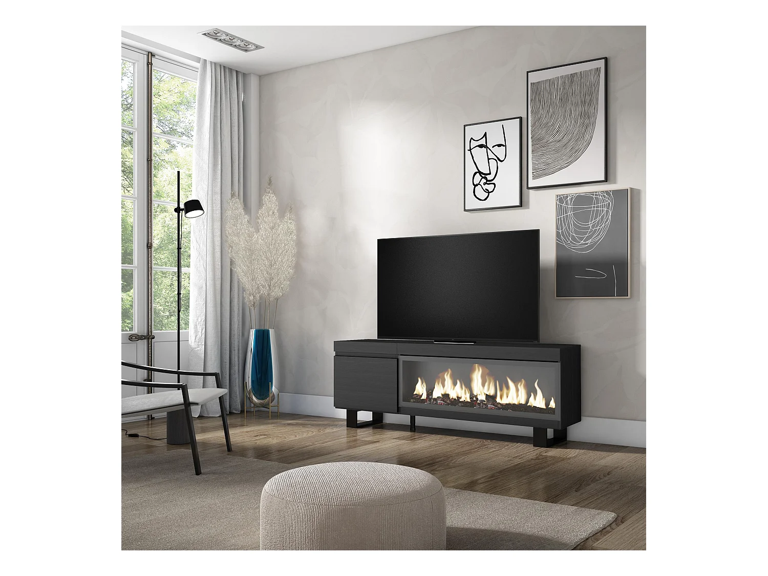 Meuble TV, Banc Télé, 158x35x57cm, Pour les TV jusqu'à 65", Cheminée électrique XXL, Design industriel, Noir