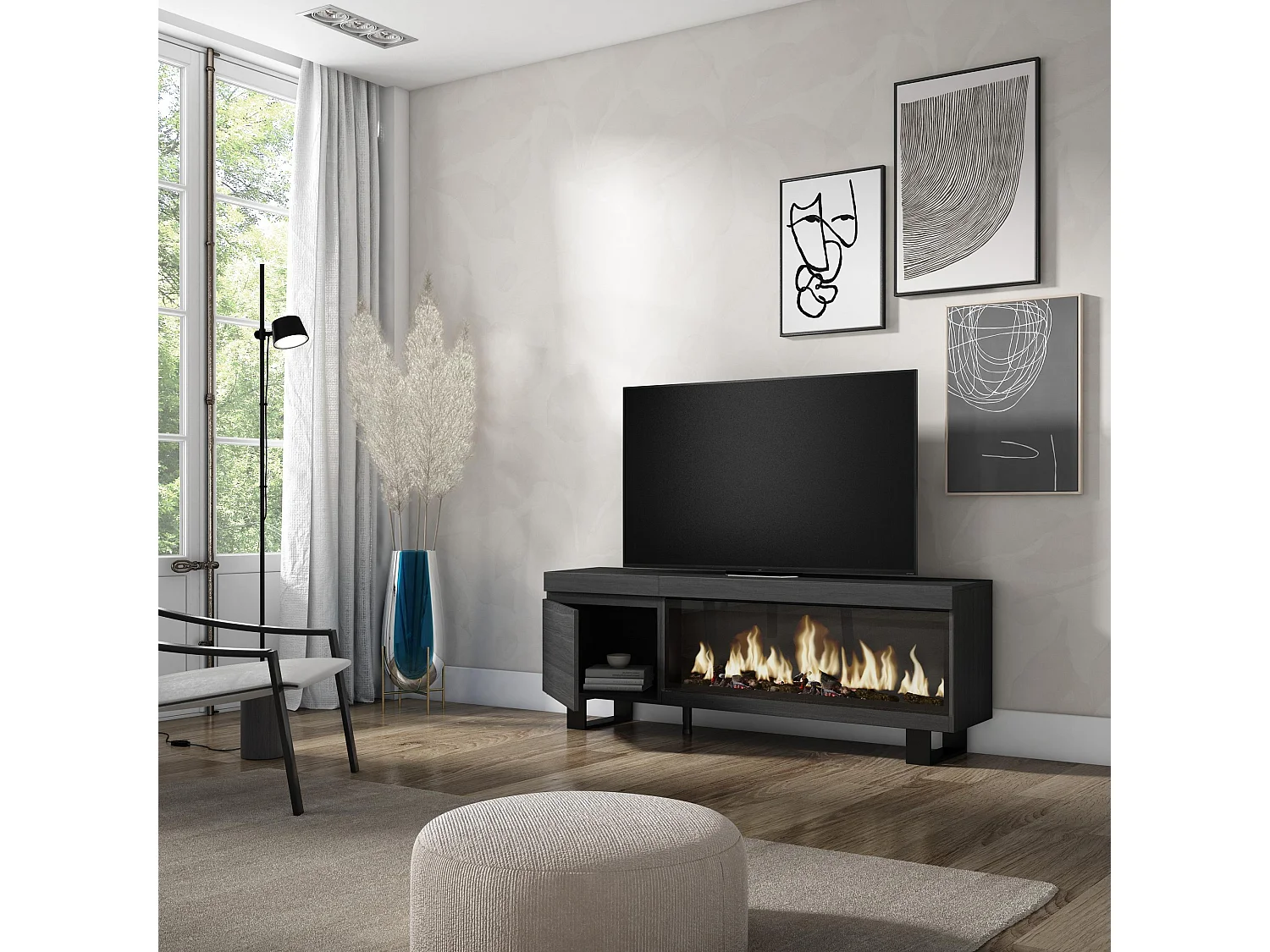 Meuble TV, Banc Télé, 158x35x57cm, Pour les TV jusqu'à 65", Cheminée électrique XXL, Design industriel, Noir