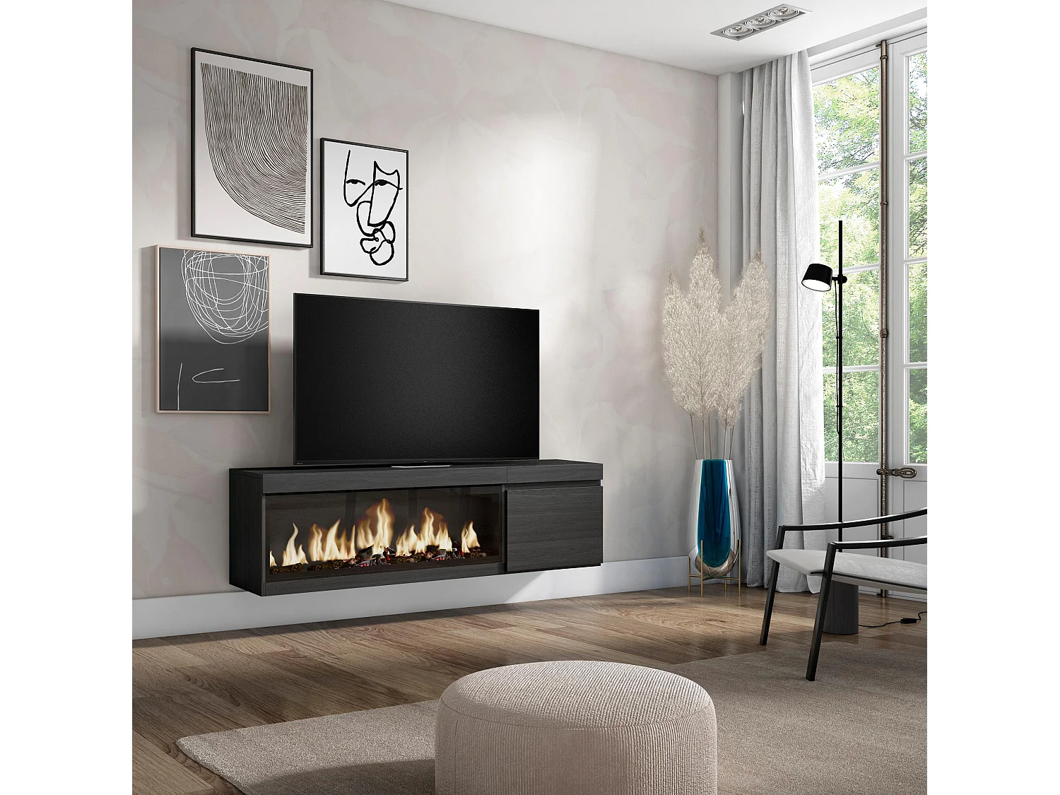 TV-Meubel, Lowboard, 158x35x45cm, Voor tv's tot 65", Elektrische haard XXL, Hangend, Zwart