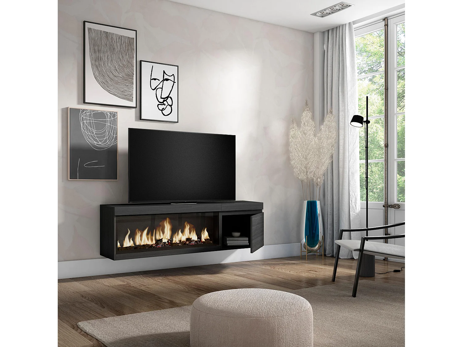 TV-Meubel, Lowboard, 158x35x45cm, Voor tv's tot 65", Elektrische haard XXL, Hangend, Zwart