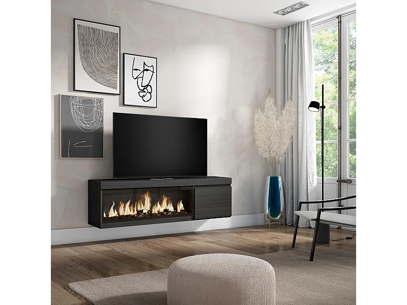 Móvel de TV, 158x35x45cm, Para televisores até 65", Lareira eléctrica XXL, Suspensos, Preto