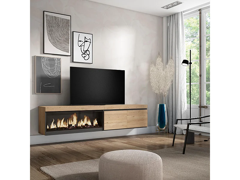 Mobile TV Soggiorno, 208x35x45cm, Per TV fino a 80", Camino elettrico XXL, Sospeso, da appendere, Rovere