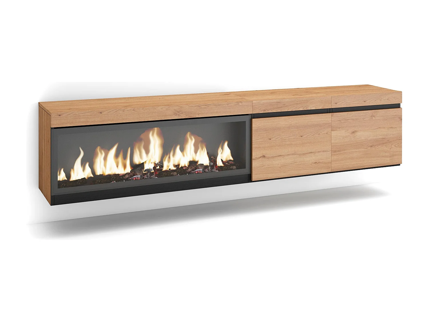 Mobile TV Soggiorno, 208x35x45cm, Per TV fino a 80", Camino elettrico XXL, Sospeso, da appendere, Rovere