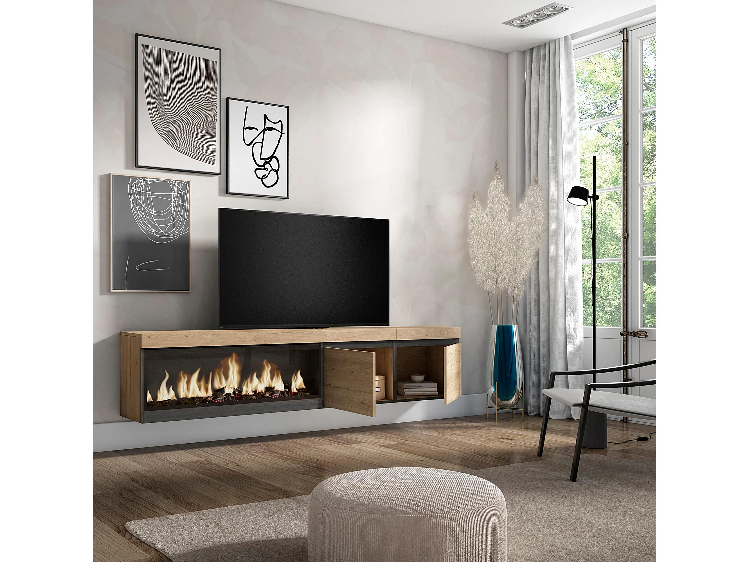 Mobile TV Soggiorno, 208x35x45cm, Per TV fino a 80", Camino elettrico XXL, Sospeso, da appendere, Rovere