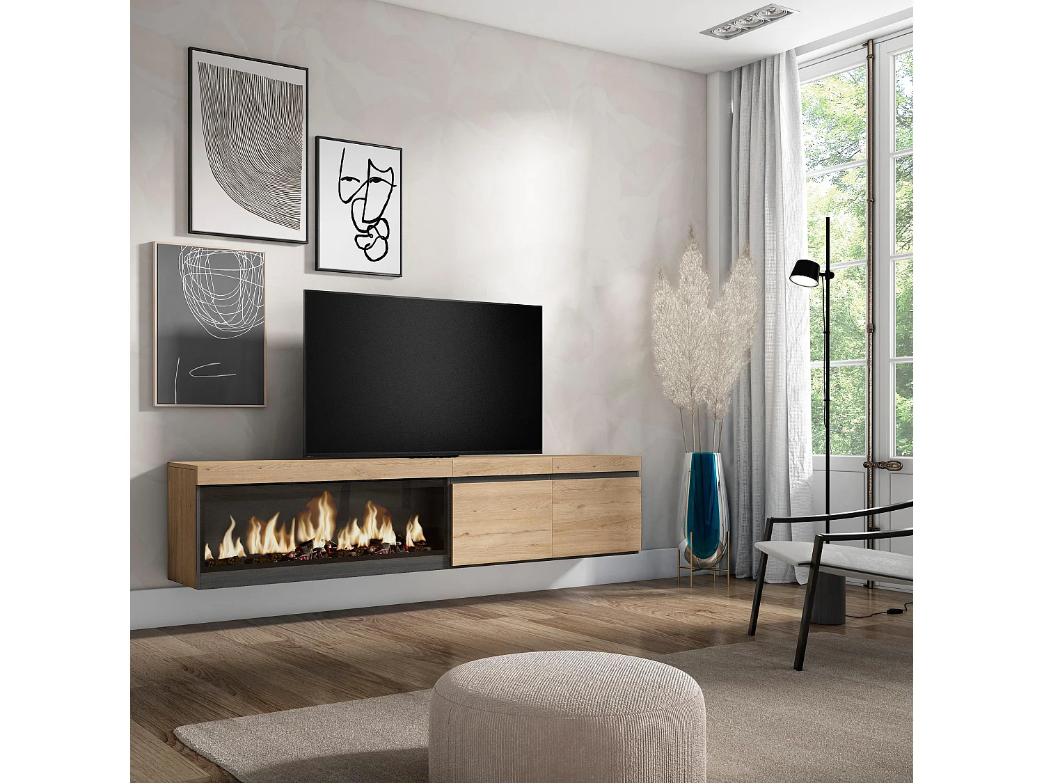 TV-Meubel, Lowboard, 208x35x45cm, Voor tv's tot 80", Elektrische haard XXL, Hangend, Eiken