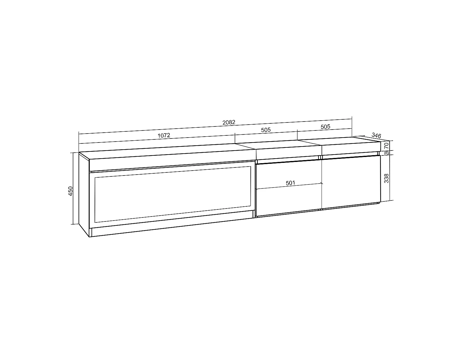 TV-Meubel, Lowboard, 208x35x45cm, Voor tv's tot 80", Elektrische haard XXL, Hangend, Eiken