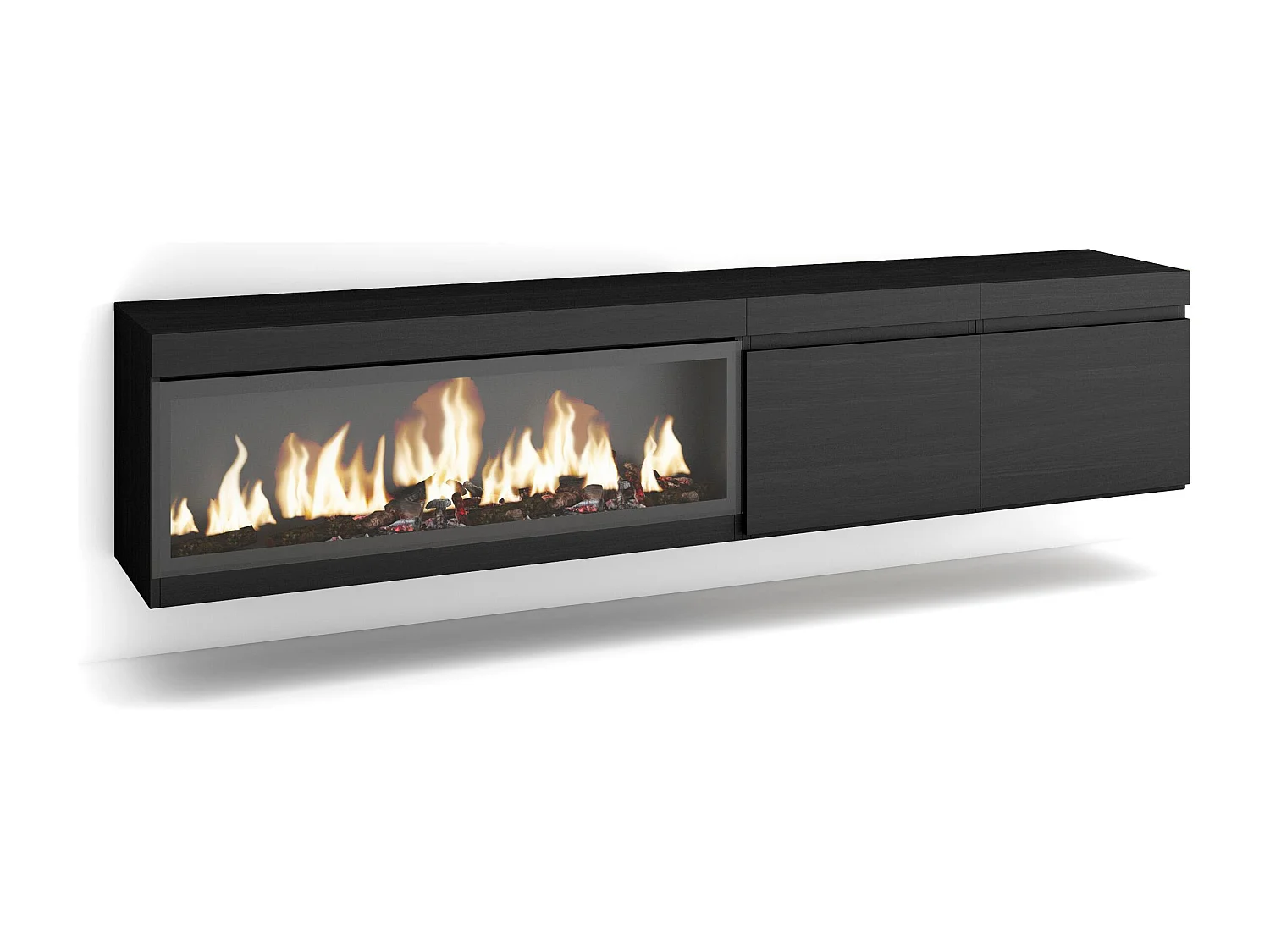 Mobile TV Soggiorno, 208x35x45cm, Per TV fino a 80", Camino elettrico XXL, Sospeso, da appendere, Nero