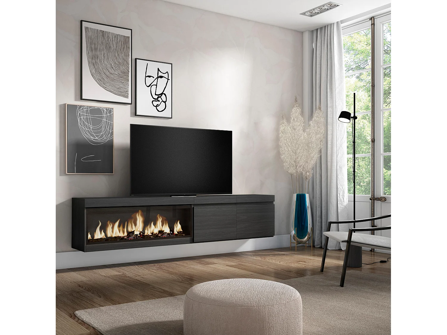 Meuble TV, Banc Télé, 208x35x45cm, Pour les TV jusqu'à 80", Cheminée électrique XXL, Suspendu, Mural, Noir
