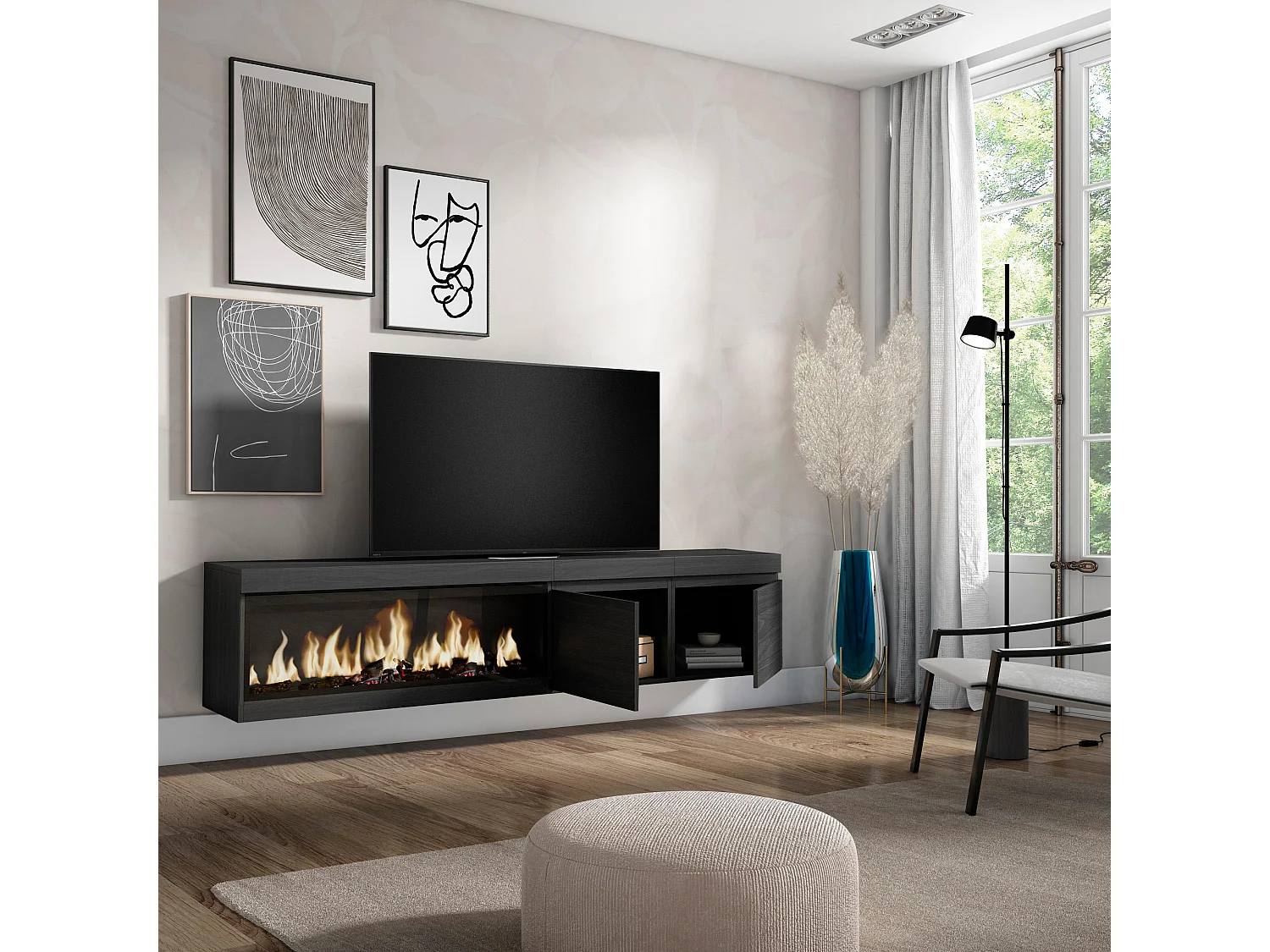 Meuble TV, Banc Télé, 208x35x45cm, Pour les TV jusqu'à 80", Cheminée électrique XXL, Suspendu, Mural, Noir