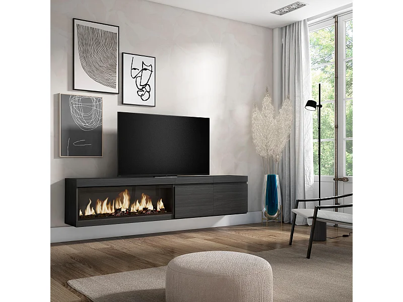 TV-Schrank, Lowboard, 208x35x45cm, Für TV-Geräte bis zu 80", Elektrokamin XXL, Hängend, Schwarz
