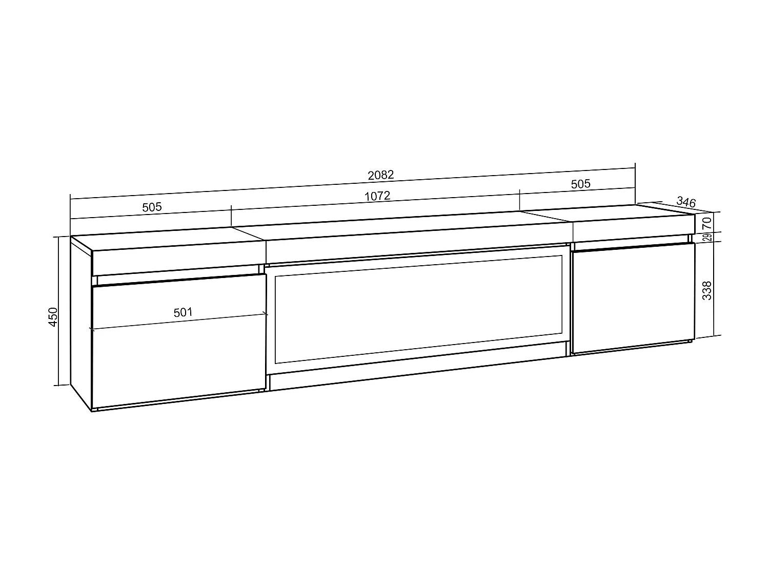 TV-Meubel, Lowboard, 208x35x45cm, Voor tv's tot 80", Elektrische haard XXL, Hangend, Cement