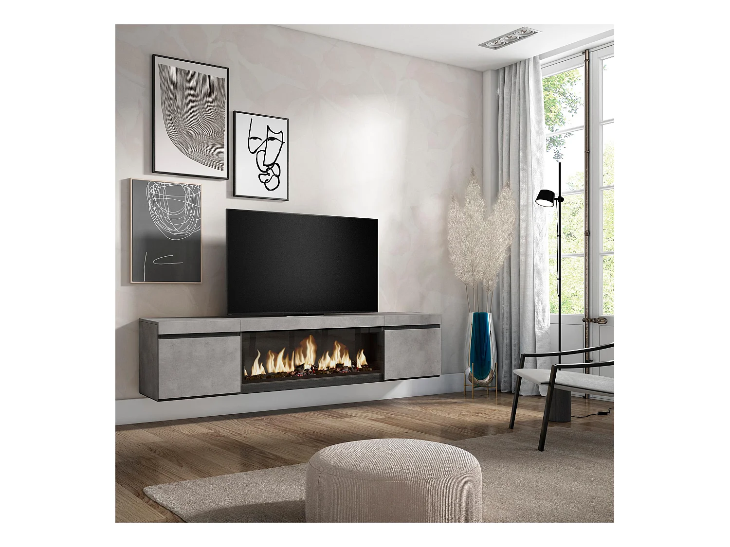 Meuble TV, Banc Télé, 208x35x45cm, Pour les TV jusqu'à 80", Cheminée électrique XXL, Suspendu, Mural, Ciment
