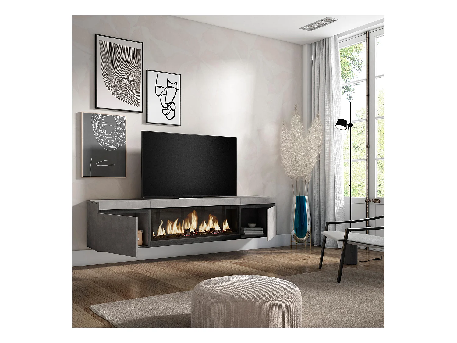 Meuble TV, Banc Télé, 208x35x45cm, Pour les TV jusqu'à 80", Cheminée électrique XXL, Suspendu, Mural, Ciment