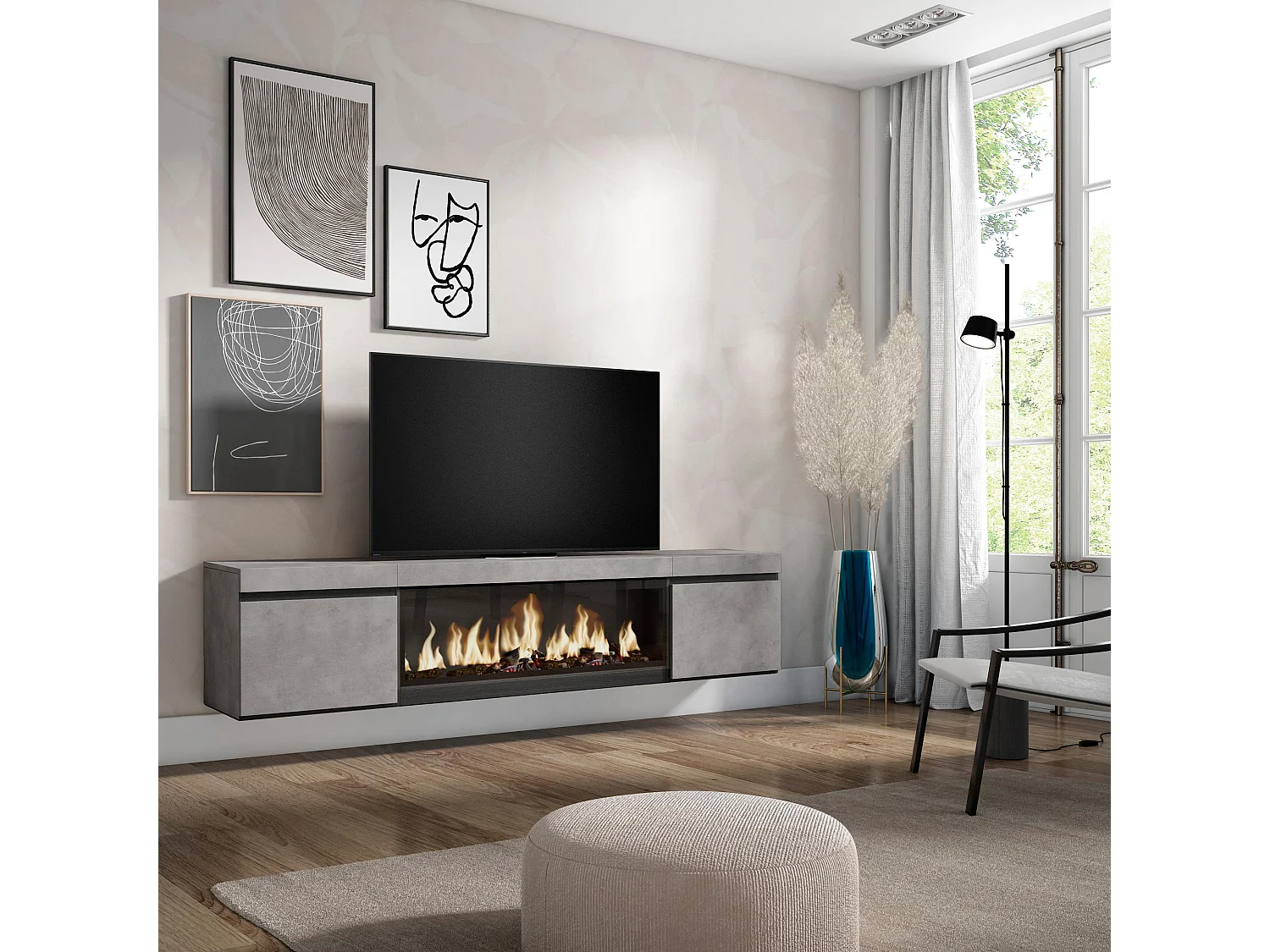 Meuble TV, Banc Télé, 208x35x45cm, Pour les TV jusqu'à 80", Cheminée électrique XXL, Suspendu, Mural, Ciment