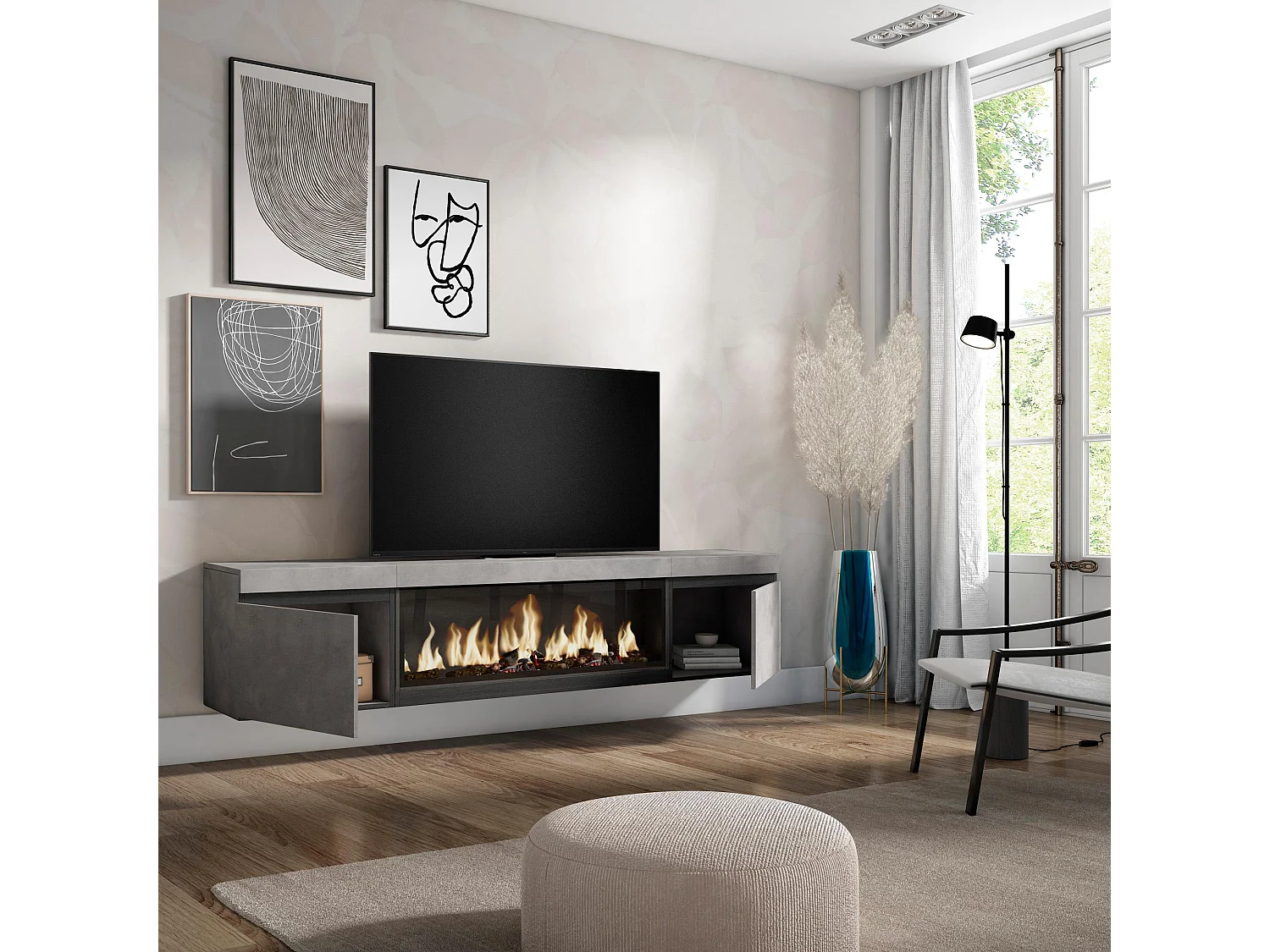 Meuble TV, Banc Télé, 208x35x45cm, Pour les TV jusqu'à 80", Cheminée électrique XXL, Suspendu, Mural, Ciment
