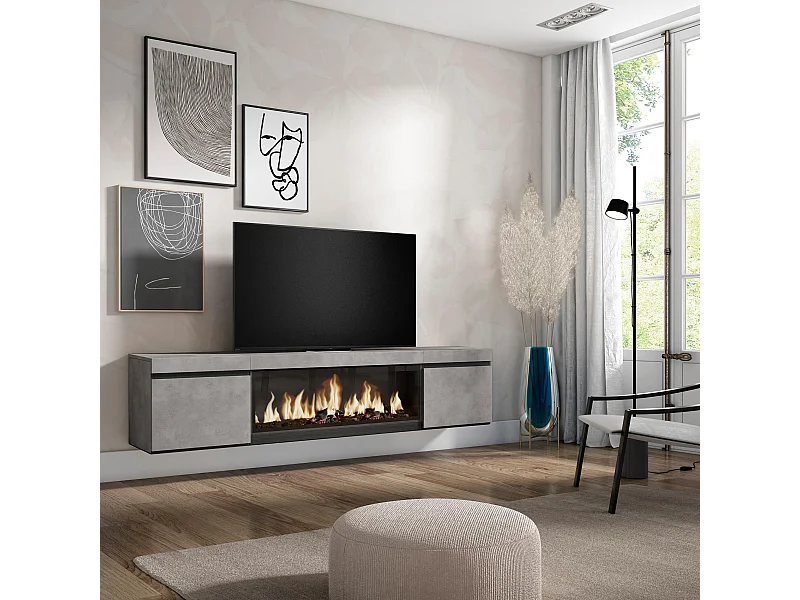 TV-Schrank, Lowboard, 208x35x45cm, Für TV-Geräte bis zu 80", Elektrokamin XXL, Hängend, Zement
