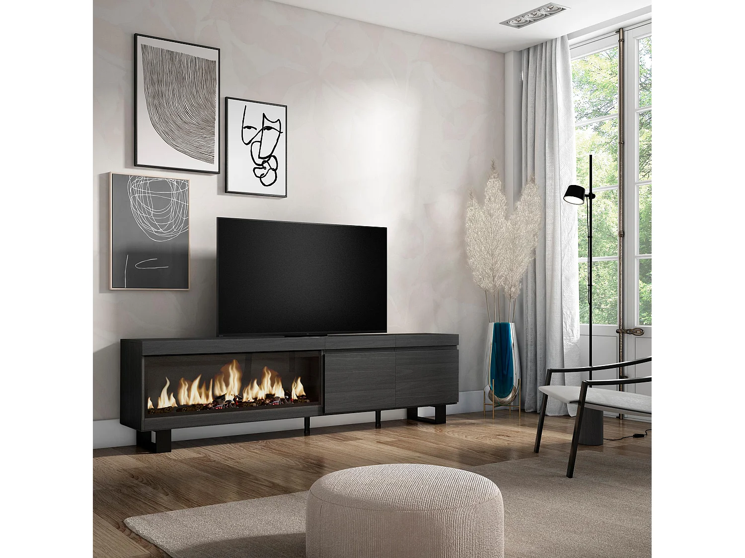 Mueble TV, Televisión, 208x35x57cm, Para TV hasta 80", Chimenea eléctrica XXL, Diseño industrial, Negro