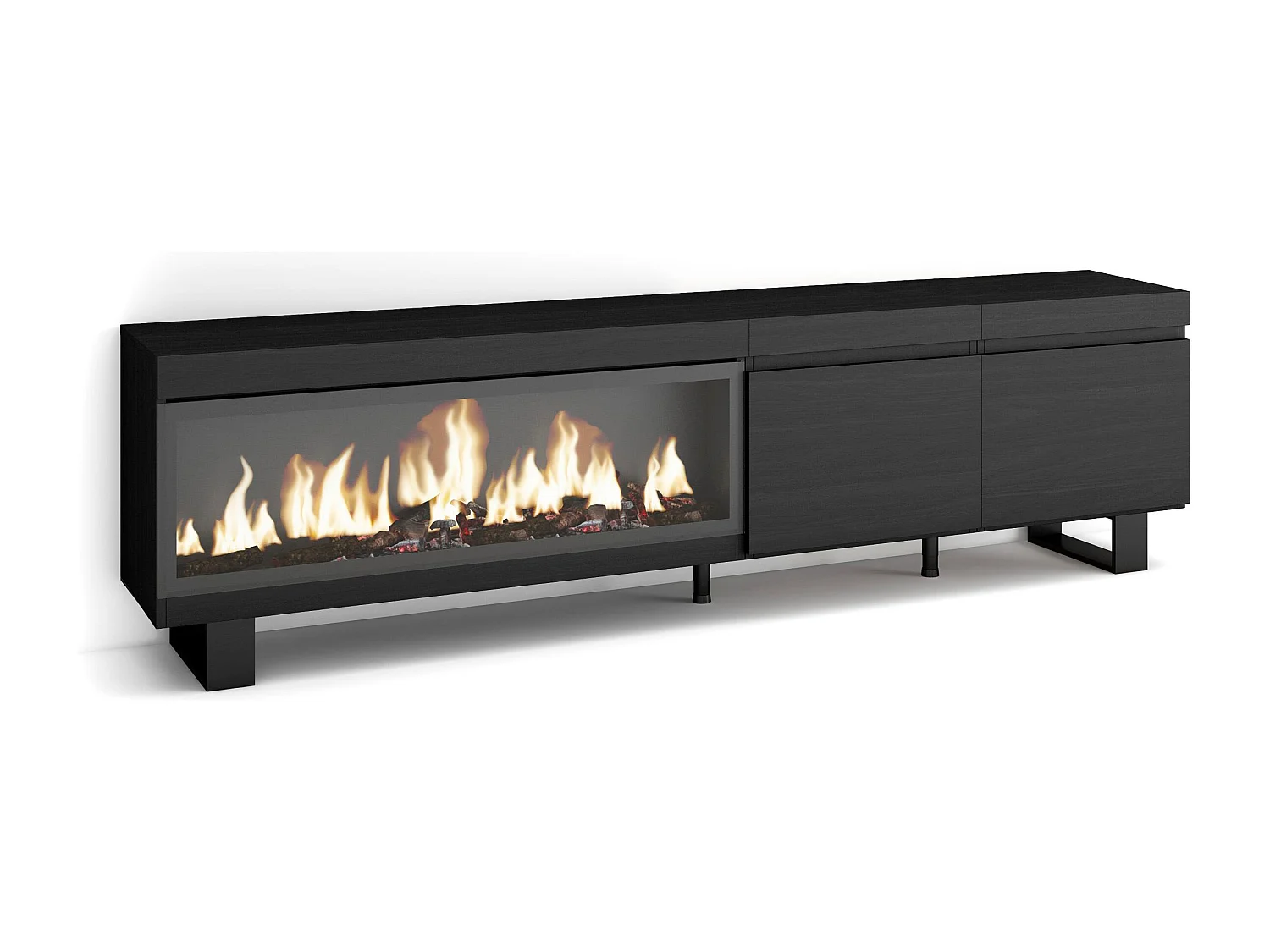 Mueble TV, Televisión, 208x35x57cm, Para TV hasta 80", Chimenea eléctrica XXL, Diseño industrial, Negro