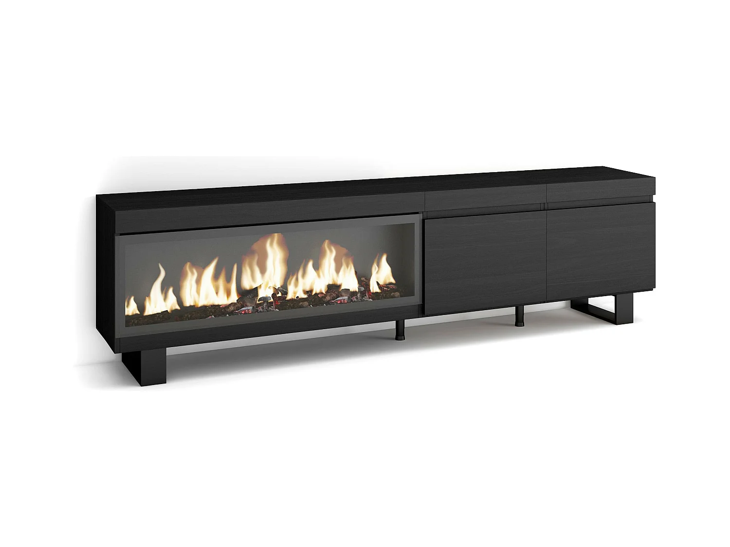 Meuble TV, Banc Télé, 208x35x57cm, Pour les TV jusqu'à 80", Cheminée électrique XXL, Design industriel, Noir