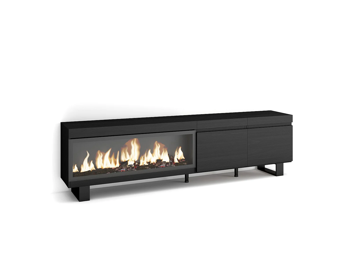 TV-Meubel, Lowboard, 208x35x57cm, Voor tv's tot 80", Elektrische haard XXL, Industrieel design, Zwart