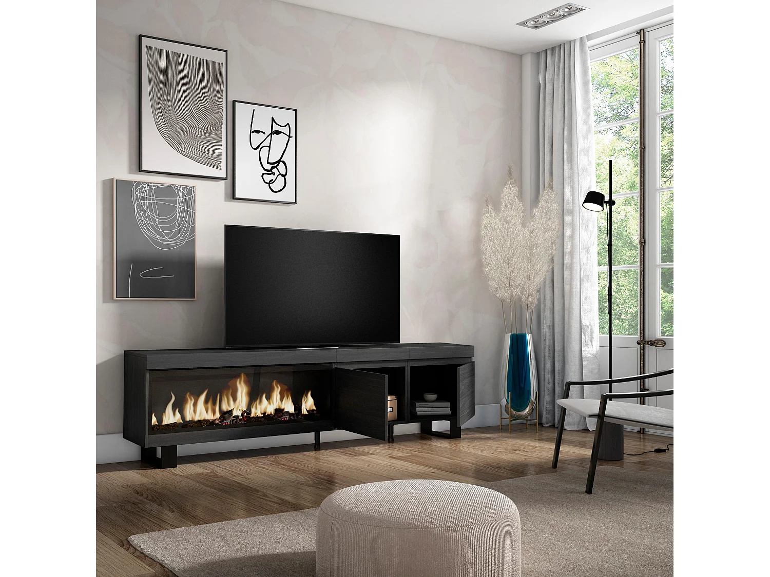 TV-Meubel, Lowboard, 208x35x57cm, Voor tv's tot 80", Elektrische haard XXL, Industrieel design, Zwart