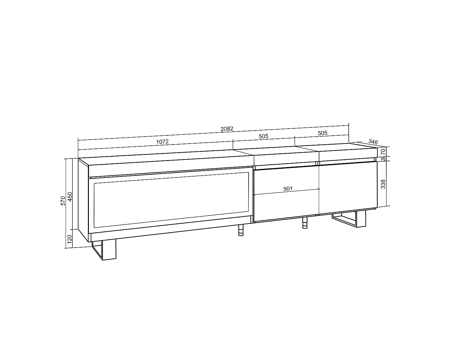 TV-Meubel, Lowboard, 208x35x57cm, Voor tv's tot 80", Elektrische haard XXL, Industrieel design, Zwart