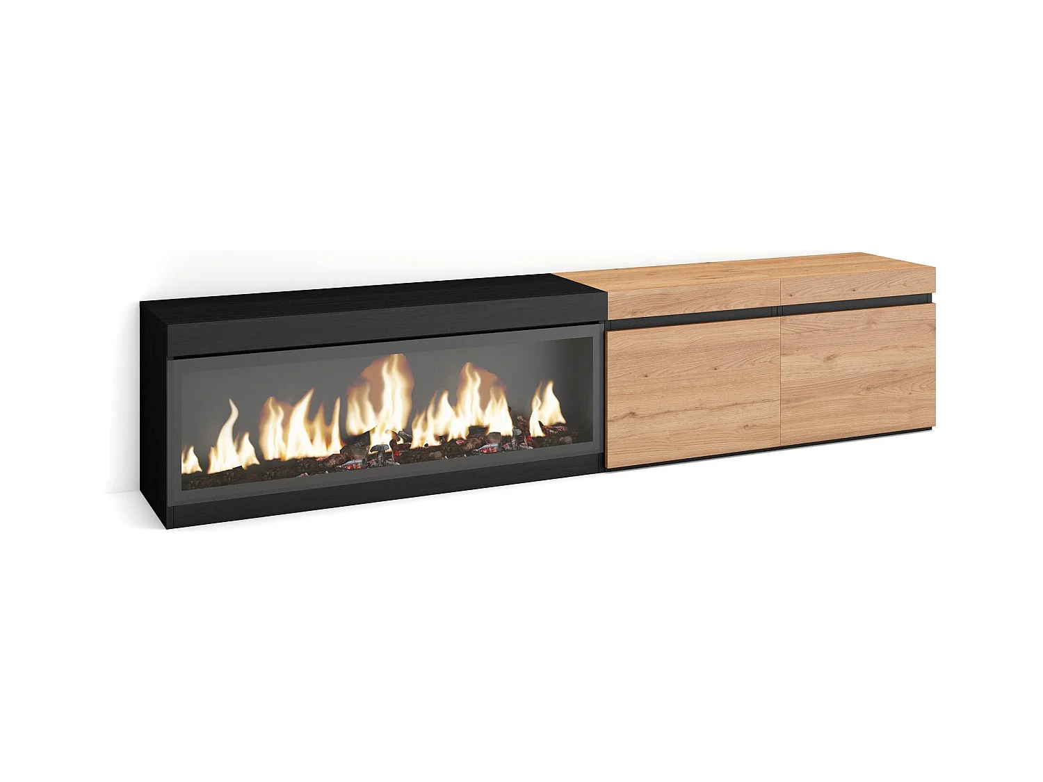 Meuble TV, Banc Télé, 208x35x45cm, Pour les TV jusqu'à 80", Cheminée électrique XXL, Chêne et noir