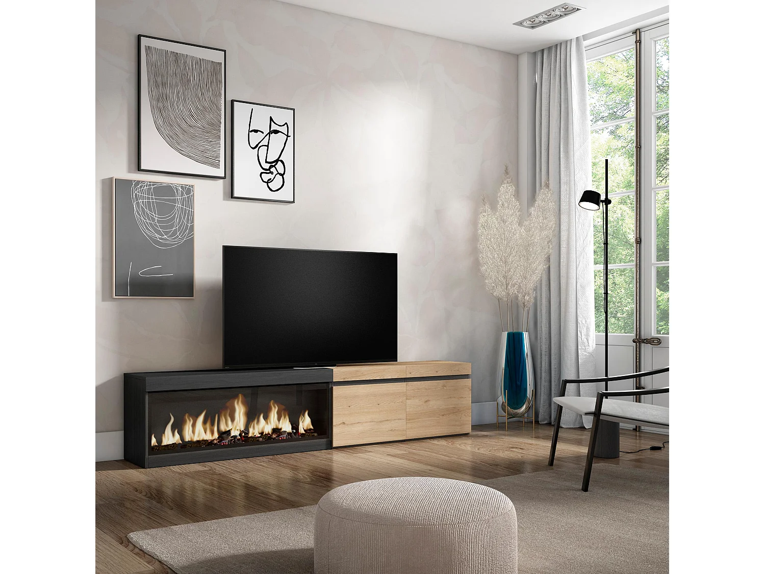 Meuble TV, Banc Télé, 208x35x45cm, Pour les TV jusqu'à 80", Cheminée électrique XXL, Chêne et noir