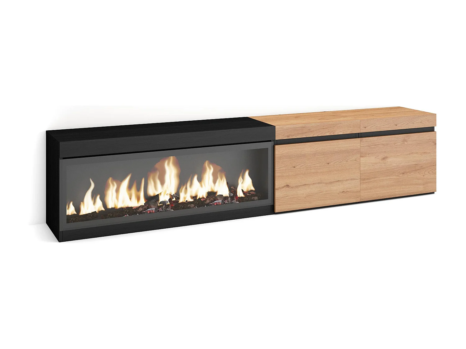 Meuble TV, Banc Télé, 208x35x45cm, Pour les TV jusqu'à 80", Cheminée électrique XXL, Chêne et noir