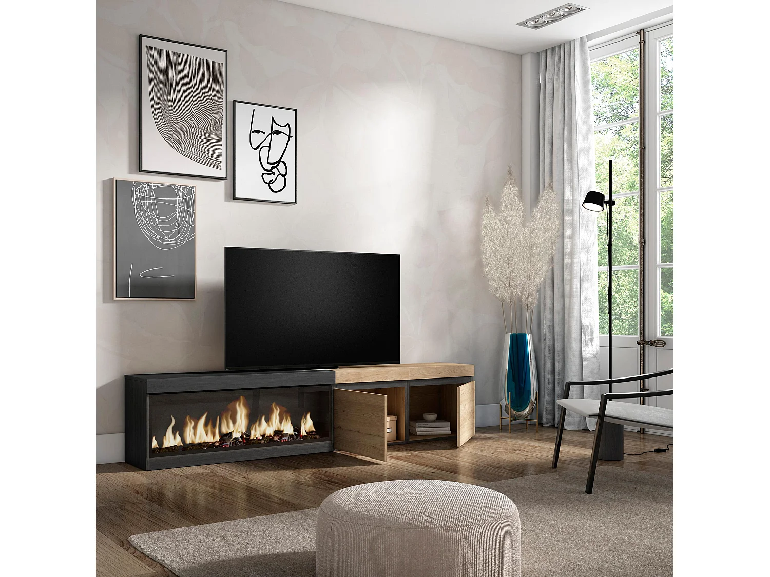 Meuble TV, Banc Télé, 208x35x45cm, Pour les TV jusqu'à 80", Cheminée électrique XXL, Chêne et noir