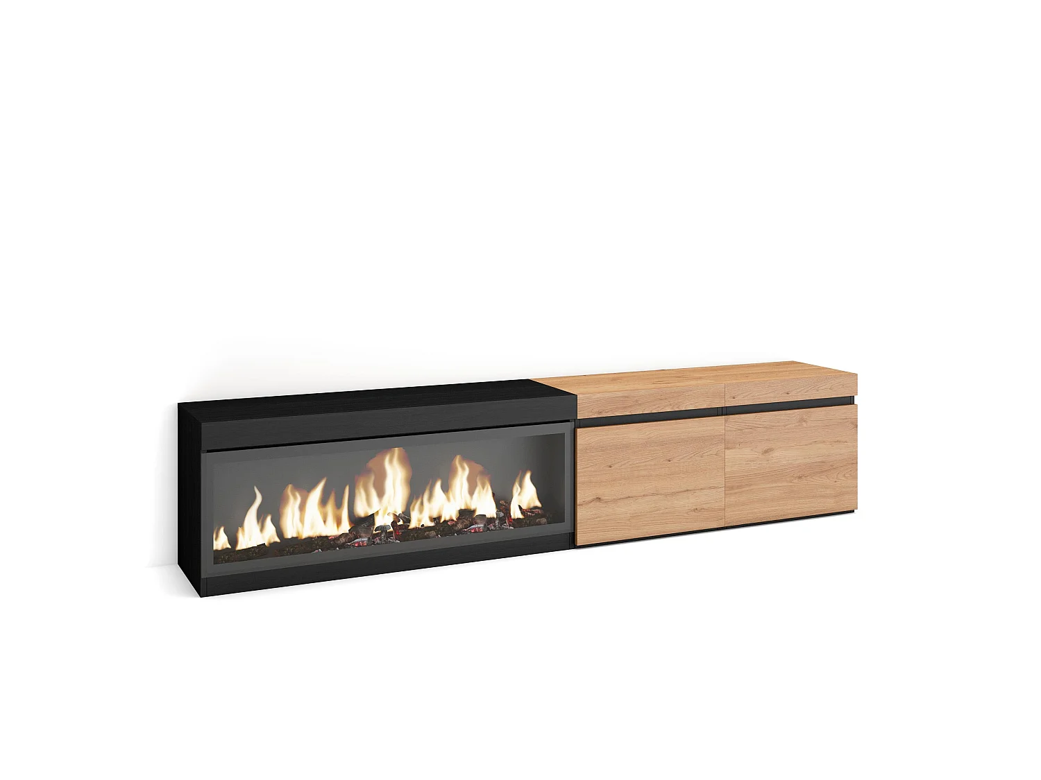 TV-Meubel, Lowboard, 208x35x45cm, Voor tv's tot 80", Elektrische haard XXL, Eiken/Zwart