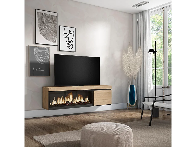 TV-Schrank, Lowboard, 158x35x45cm, Für TV-Geräte bis zu 65", Elektrokamin XXL, Hängend, Eiche