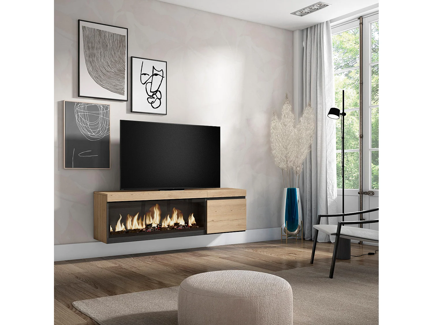 TV-Schrank, Lowboard, 158x35x45cm, Für TV-Geräte bis zu 65", Elektrokamin XXL, Hängend, Eiche